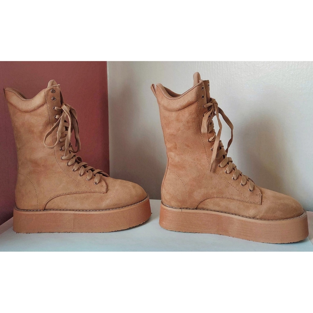 NEW - Ego Tan Lace Up Flatform Suede Boots - Picture 5 of 9
